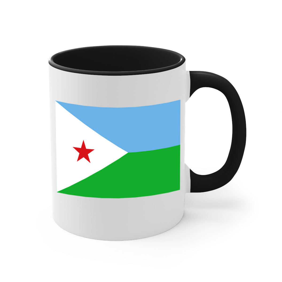 Djibouti 150# Mug with colorful handle and glossy finish, available in multiple sizes.