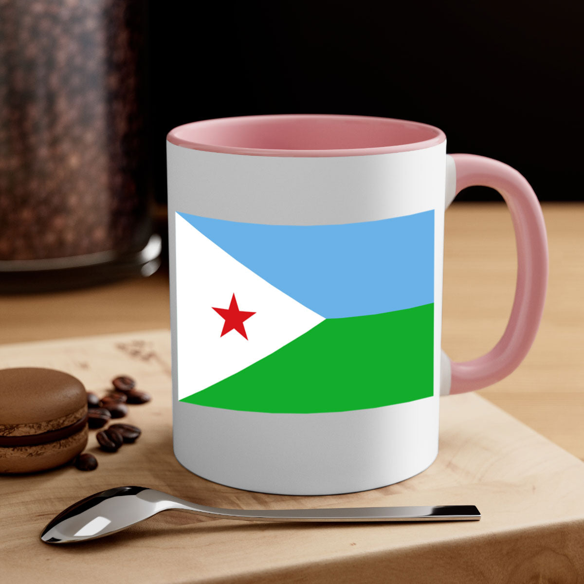 Djibouti 150# Mug with colorful handle and glossy finish, available in multiple sizes.