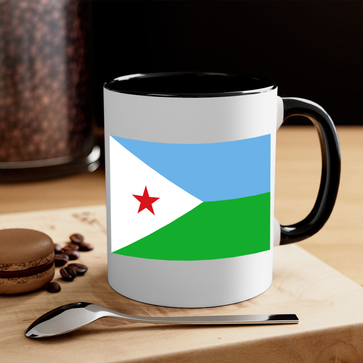Djibouti 150# Mug with colorful handle and glossy finish, available in multiple sizes.