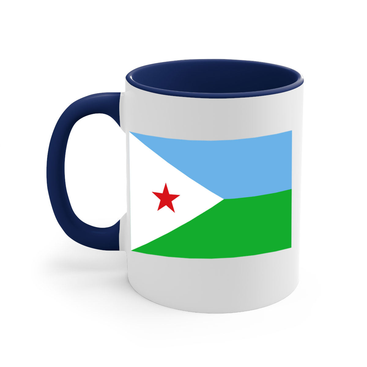 Djibouti 150# Mug with colorful handle and glossy finish, available in multiple sizes.