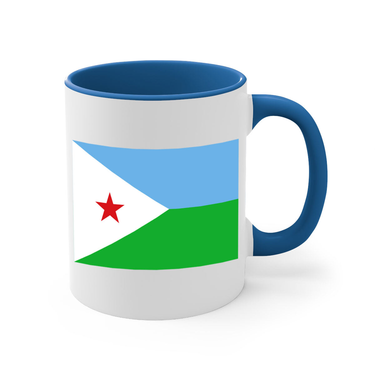 Djibouti 150# Mug with colorful handle and glossy finish, available in multiple sizes.