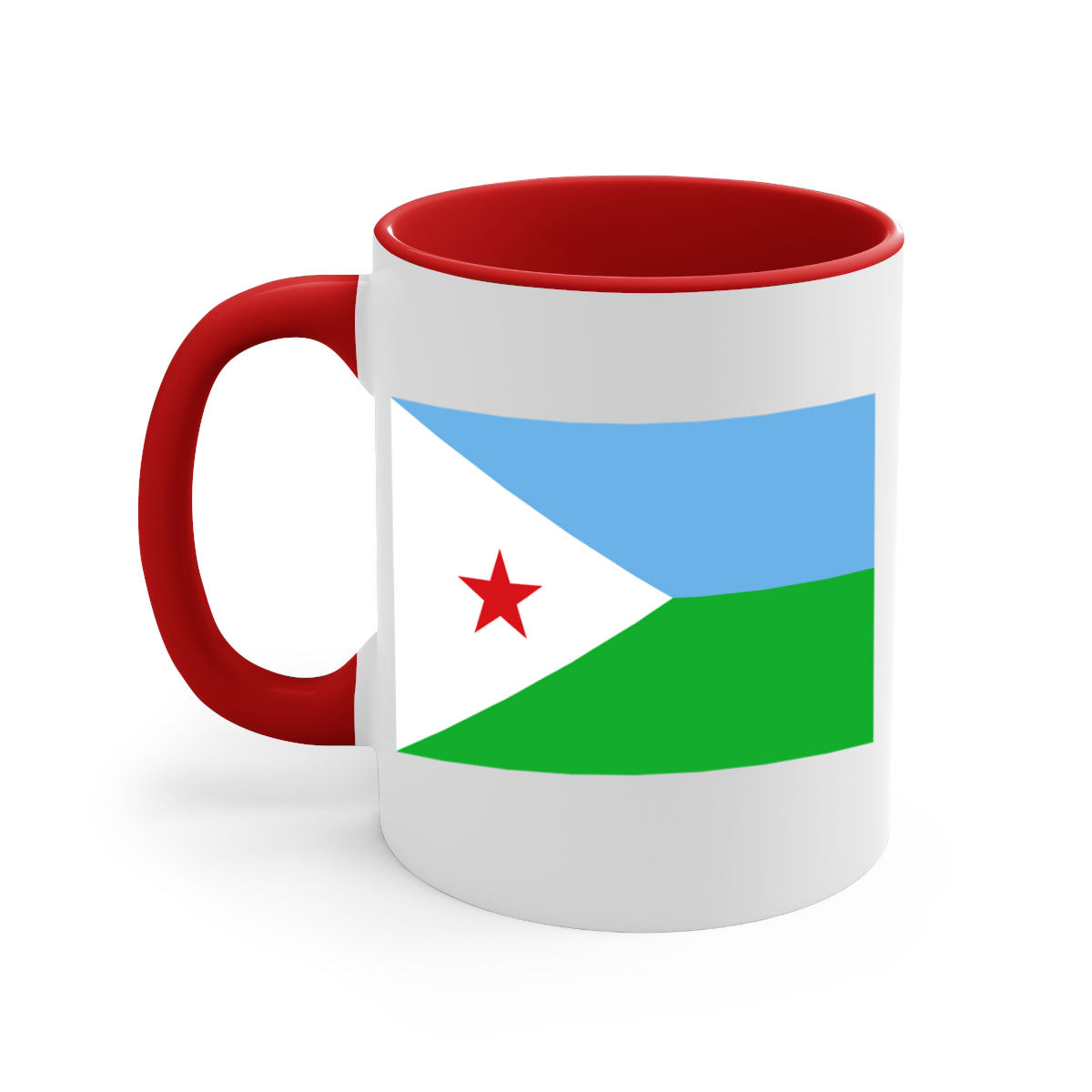 Djibouti 150# Mug with colorful handle and glossy finish, available in multiple sizes.