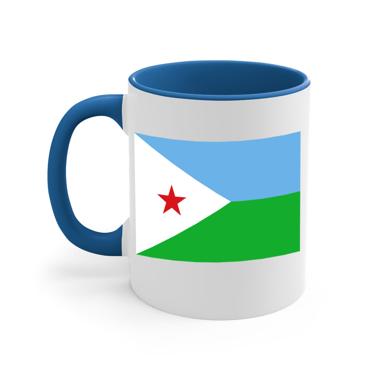 Djibouti 150# Mug with colorful handle and glossy finish, available in multiple sizes.