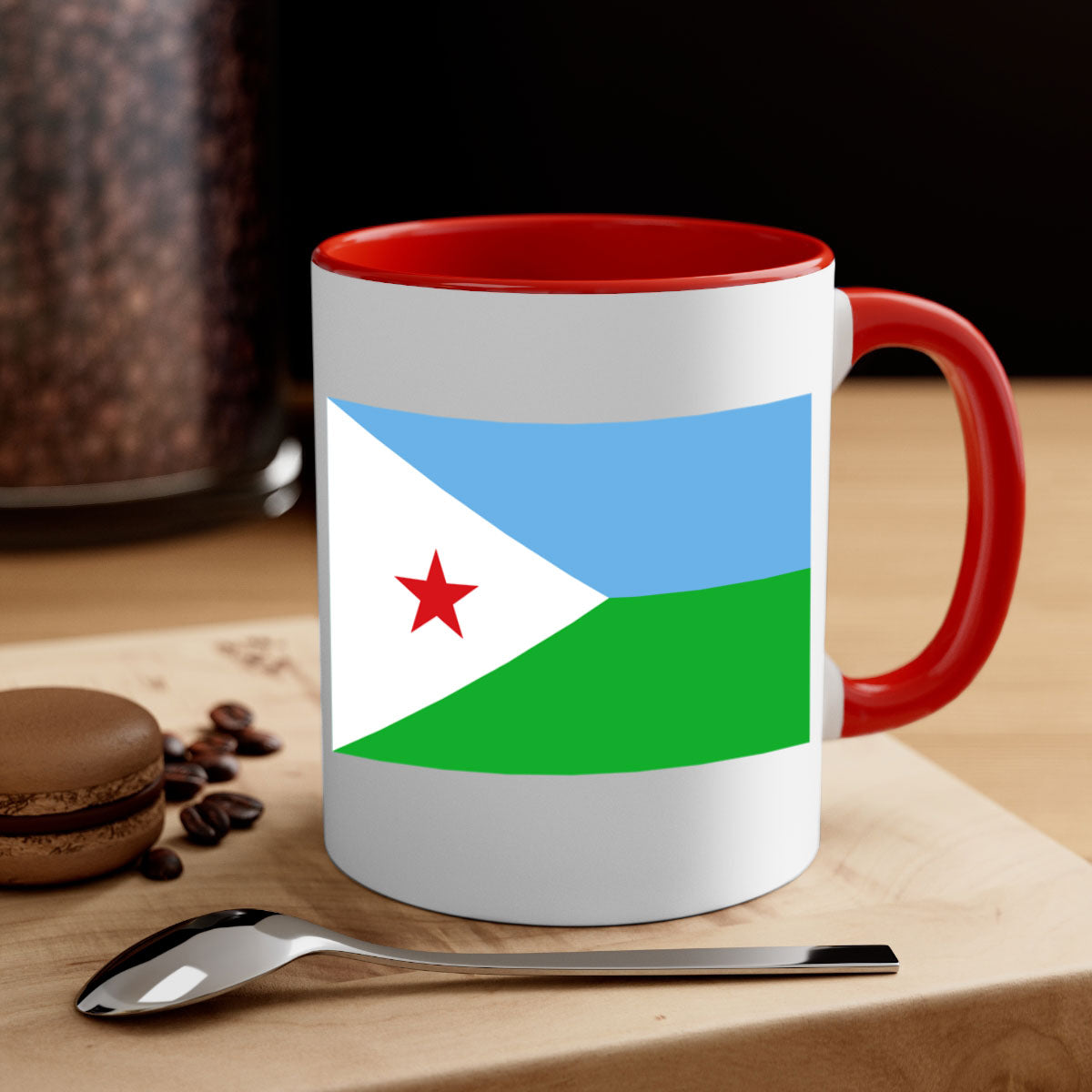 Djibouti 150# Mug with colorful handle and glossy finish, available in multiple sizes.