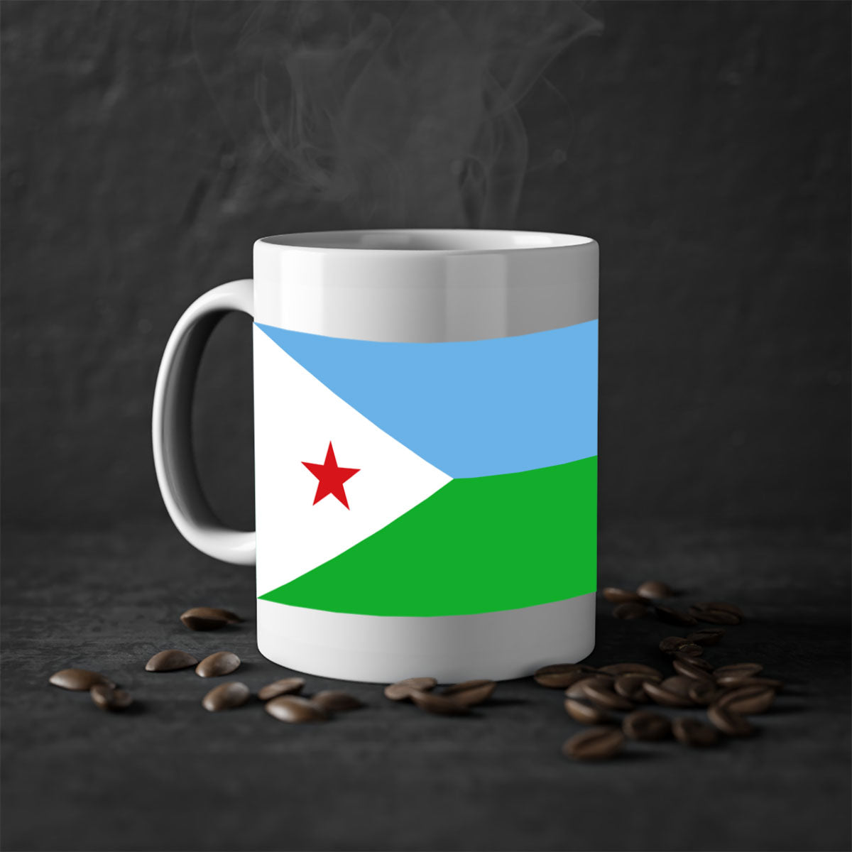 Djibouti 150# Mug with colorful handle and glossy finish, available in multiple sizes.