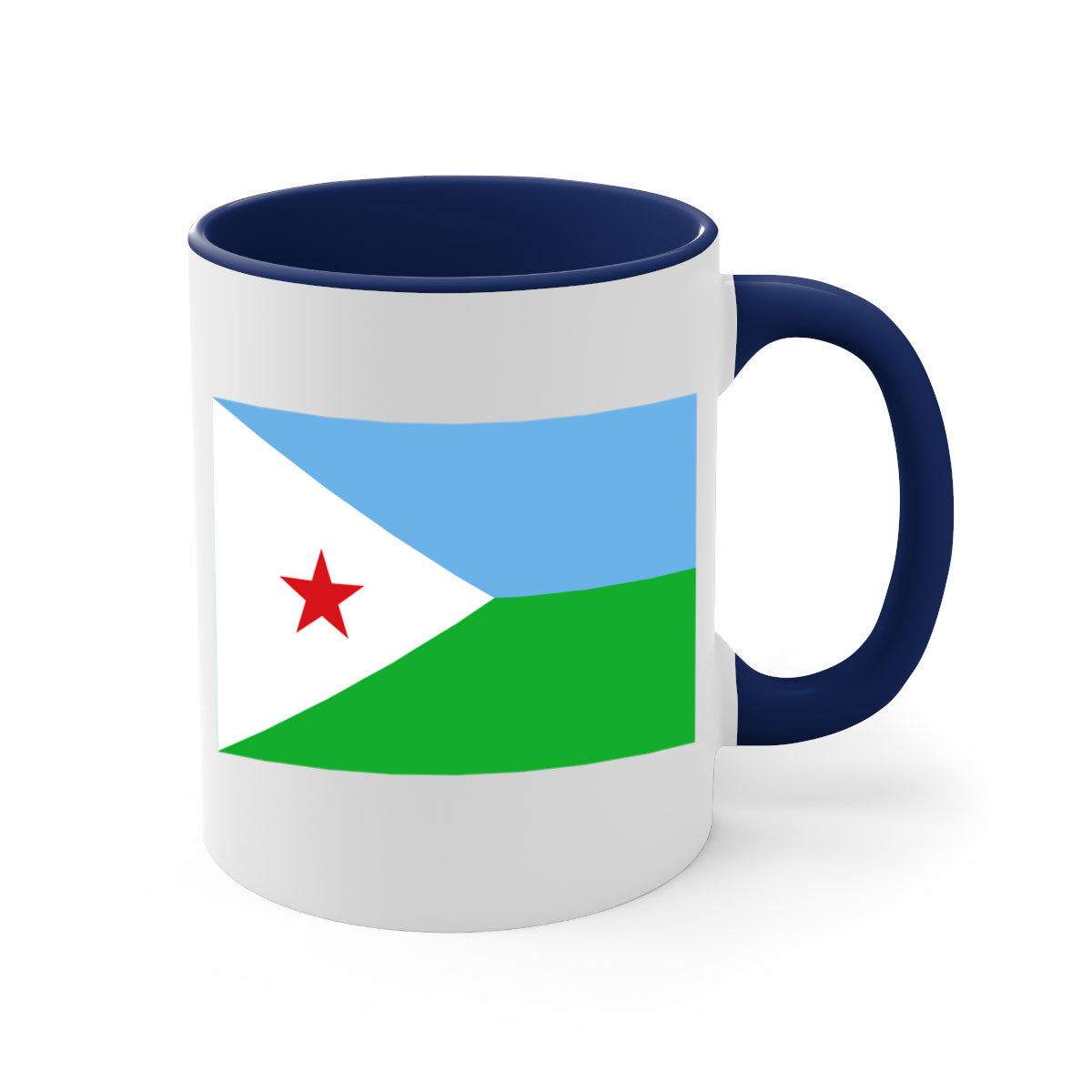 Djibouti 150# Mug with colorful handle and glossy finish, available in multiple sizes.