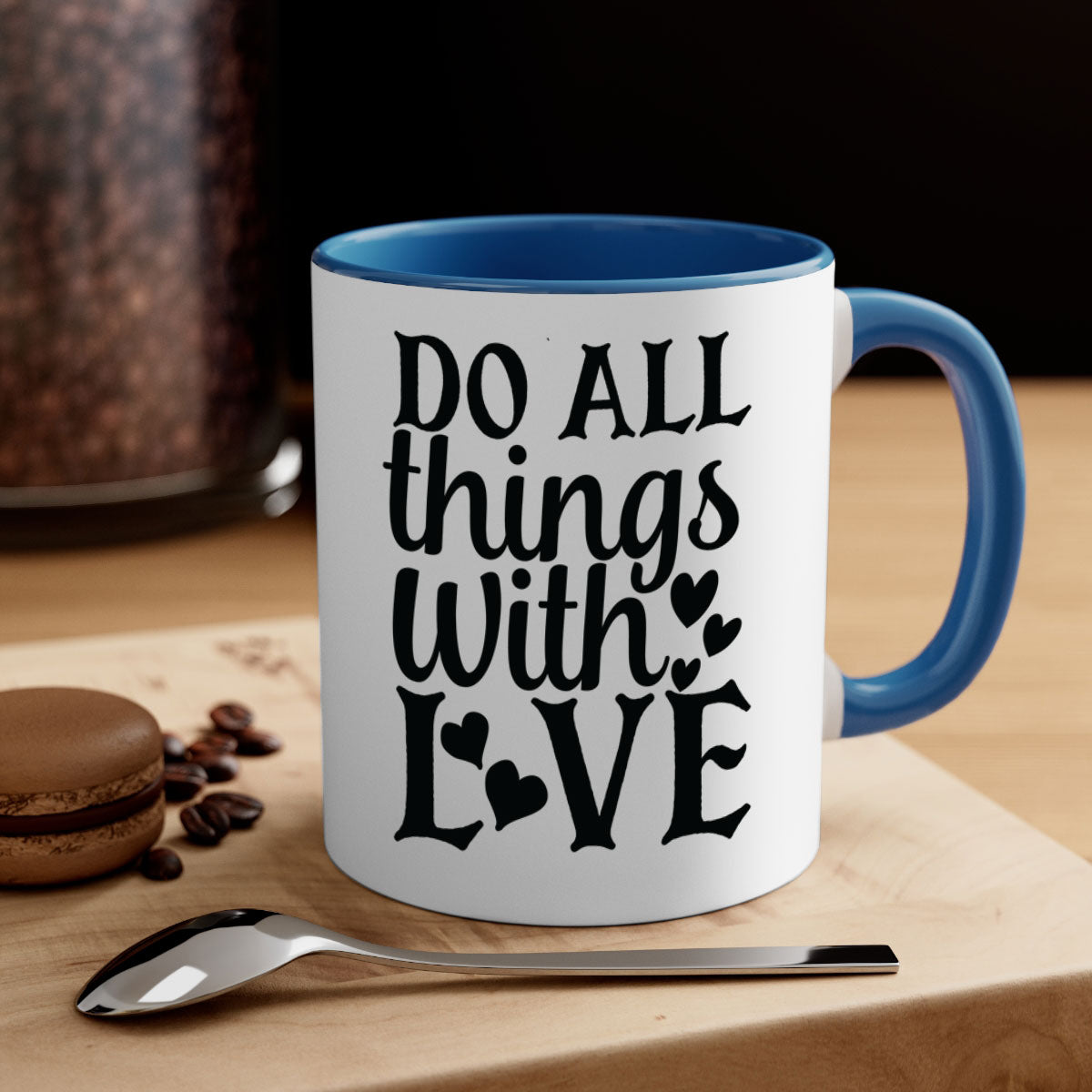 Do All Things With Love Style 129# Mug featuring a glossy finish, colored handle, and interior in five vibrant colors.