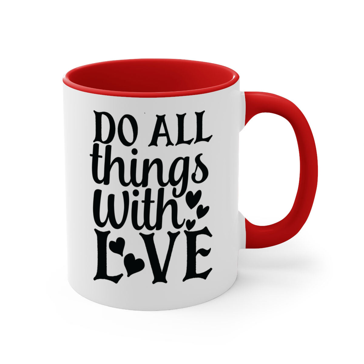 Do All Things With Love Style 129# Mug featuring a glossy finish, colored handle, and interior in five vibrant colors.