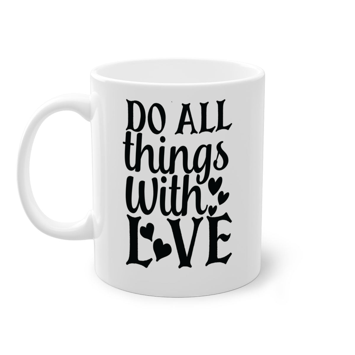 Do All Things With Love Style 129# Mug featuring a glossy finish, colored handle, and interior in five vibrant colors.