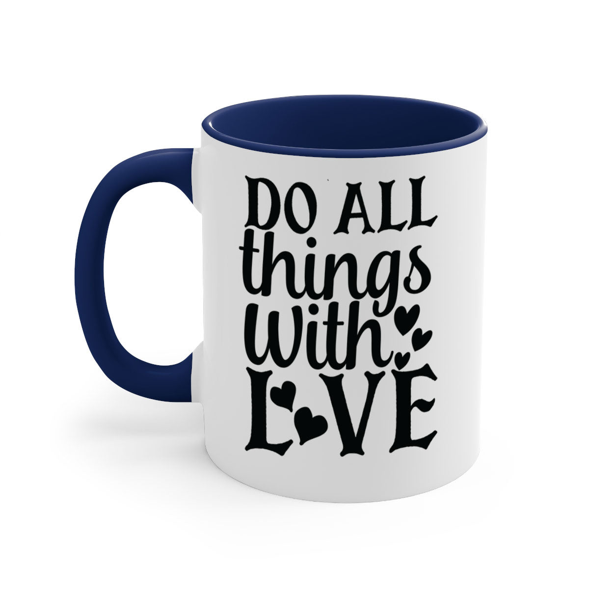 Do All Things With Love Style 129# Mug featuring a glossy finish, colored handle, and interior in five vibrant colors.