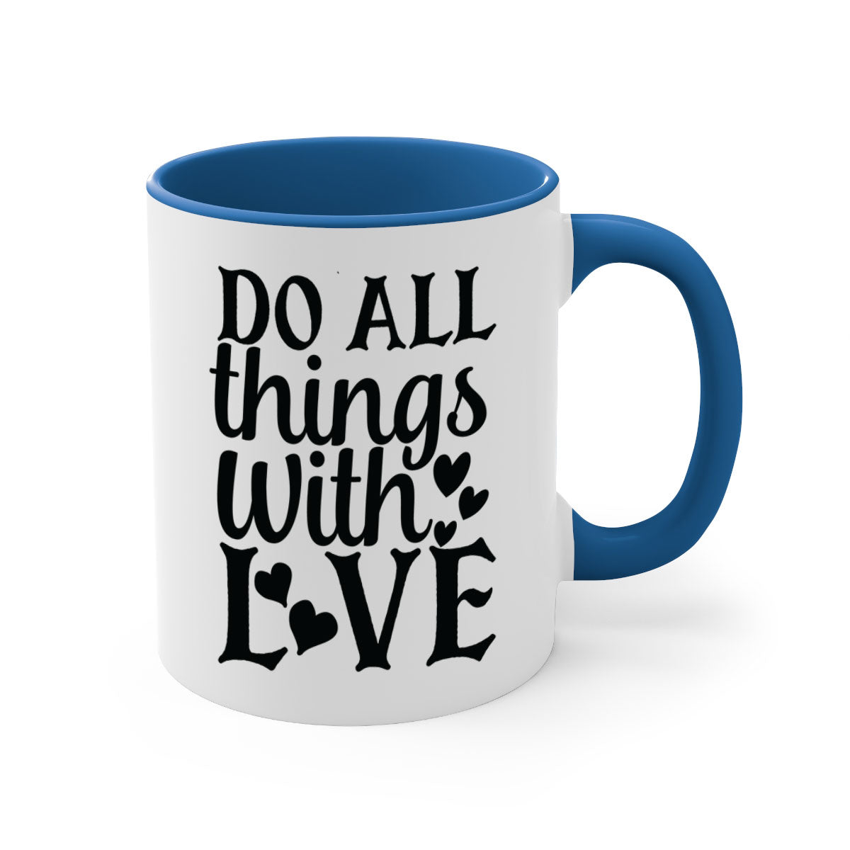 Do All Things With Love Style 129# Mug featuring a glossy finish, colored handle, and interior in five vibrant colors.