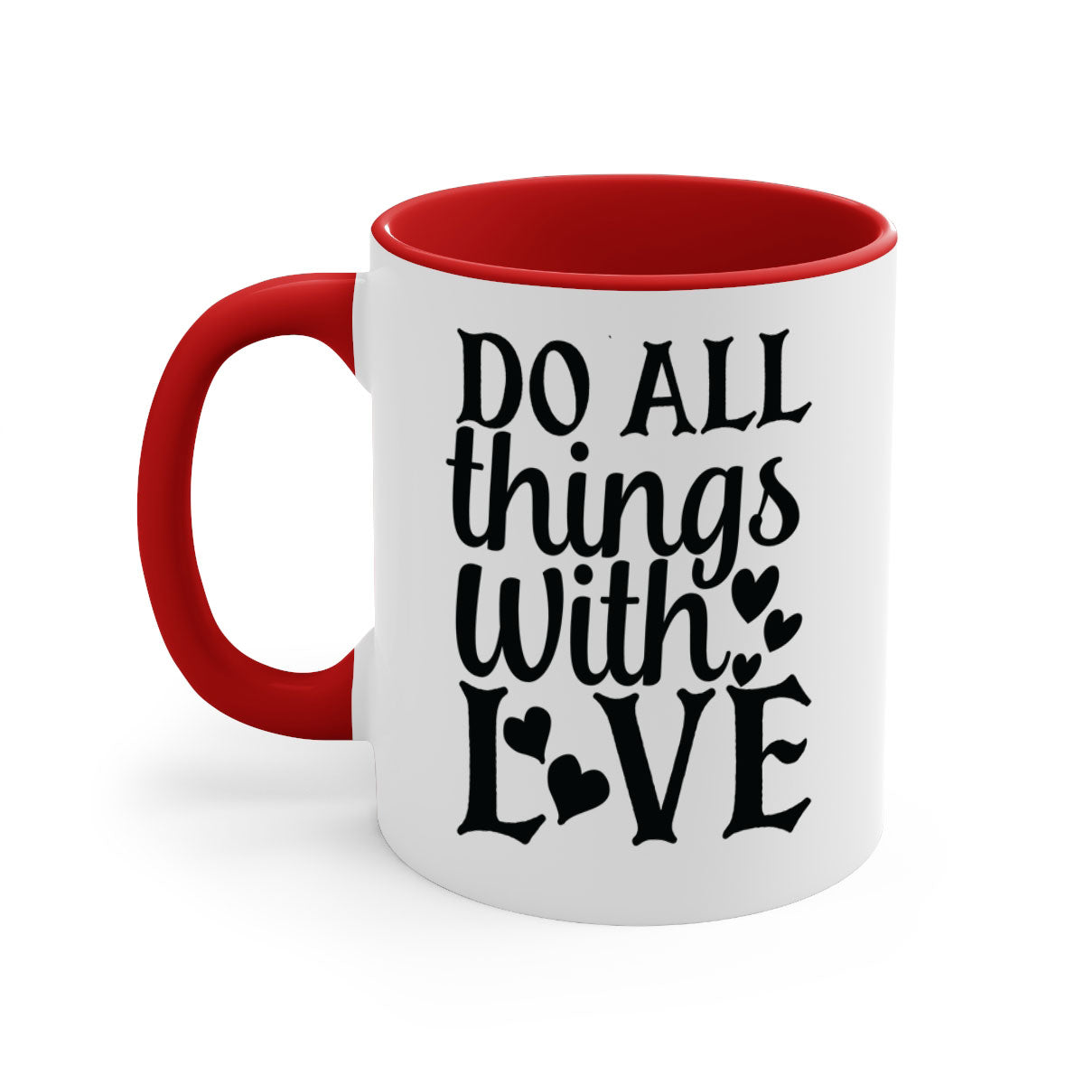 Do All Things With Love Style 129# Mug featuring a glossy finish, colored handle, and interior in five vibrant colors.