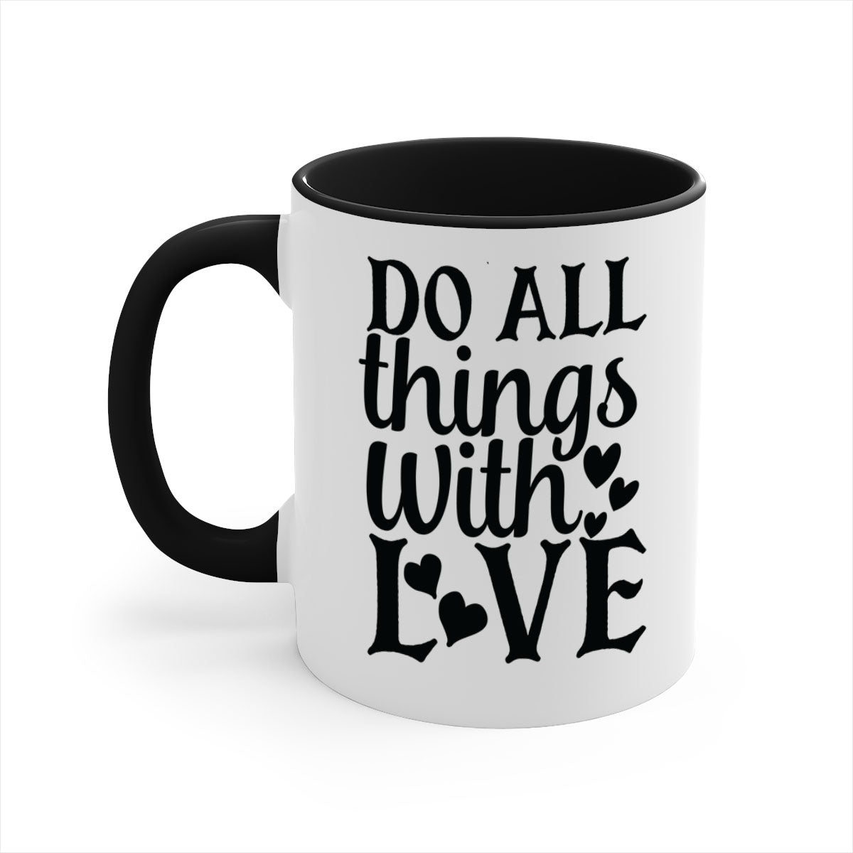Do All Things With Love Style 129# Mug featuring a glossy finish, colored handle, and interior in five vibrant colors.