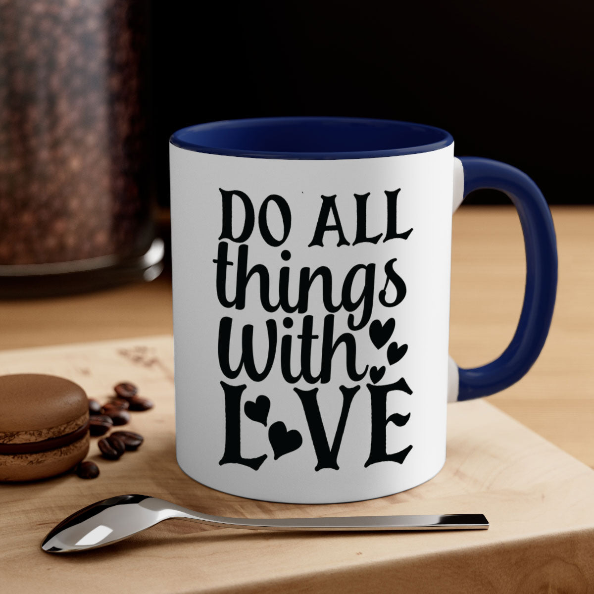 Do All Things With Love Style 129# Mug featuring a glossy finish, colored handle, and interior in five vibrant colors.