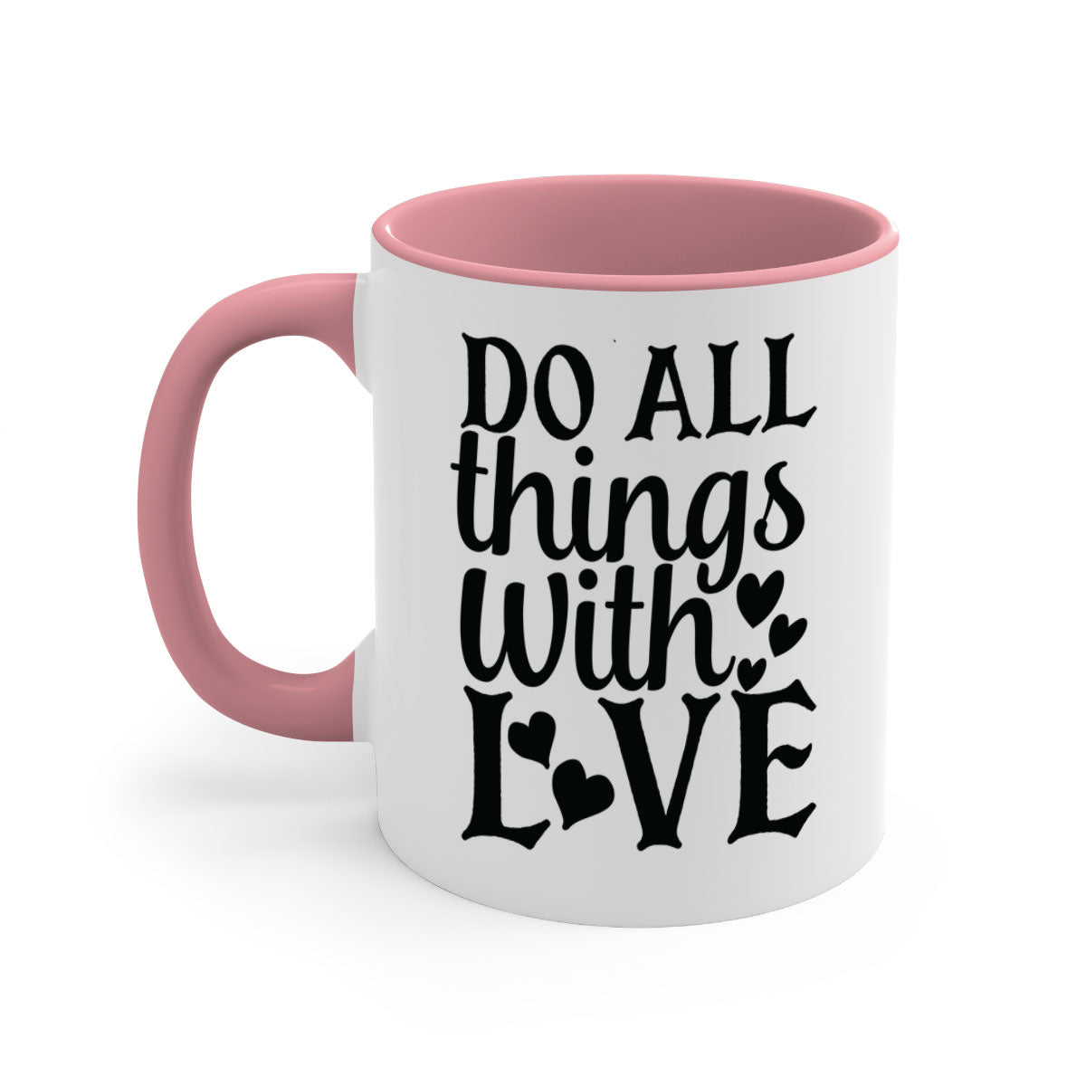 Do All Things With Love Style 129# Mug featuring a glossy finish, colored handle, and interior in five vibrant colors.
