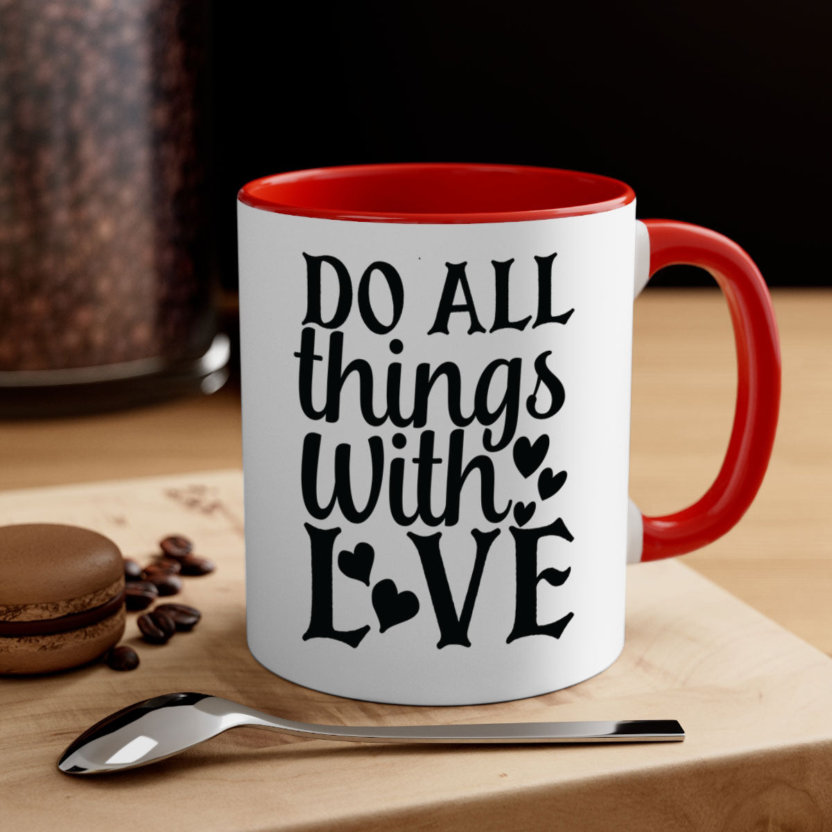 Do All Things With Love Style 129# Mug featuring a glossy finish, colored handle, and interior in five vibrant colors.