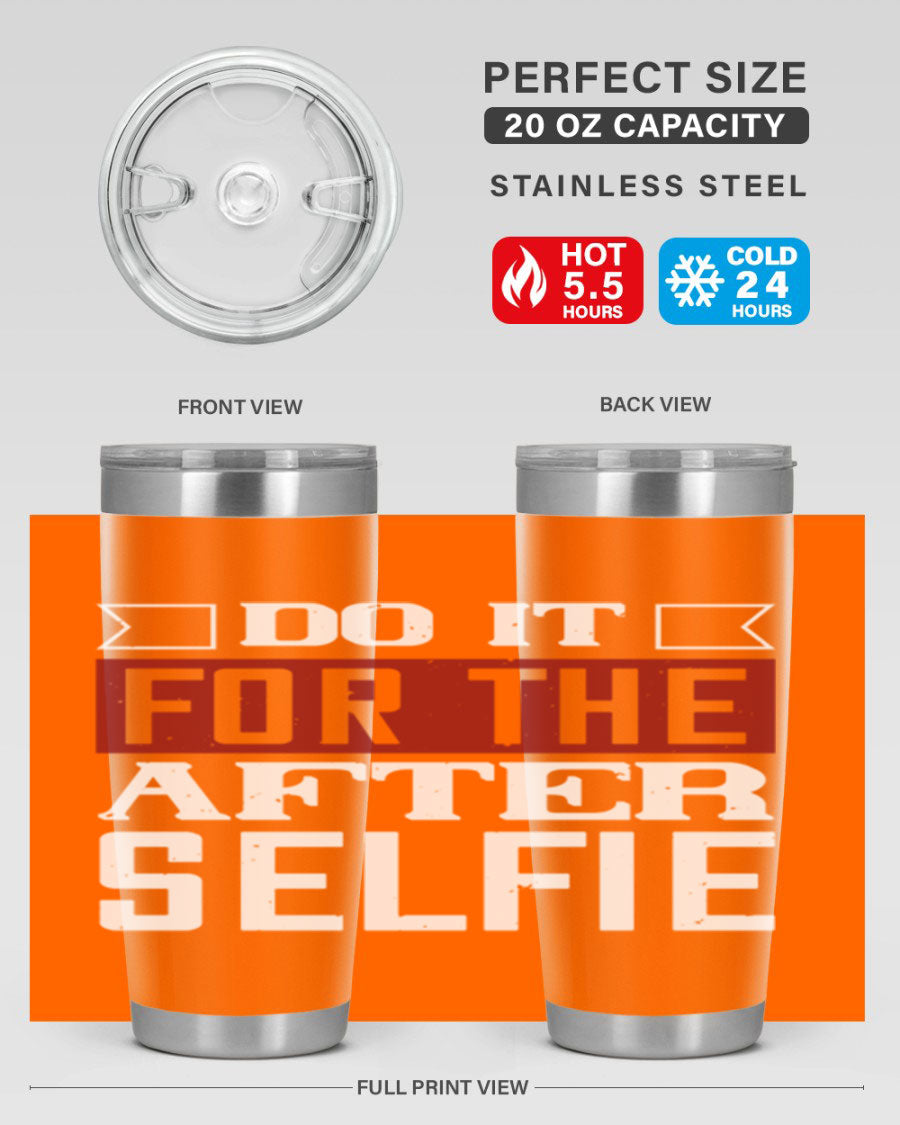 Do It For The After Selfie 80# Gym Tumbler in stainless steel with a drink-thru lid, showcasing its sleek design and insulation features.
