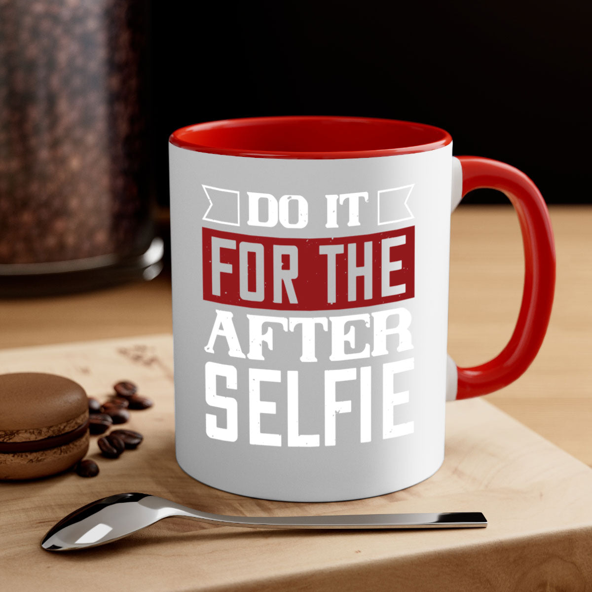 Do It For The After Selfie 80# Mug in five vibrant colors with a glossy finish and easy-grip handle, perfect for coffee and tea lovers.