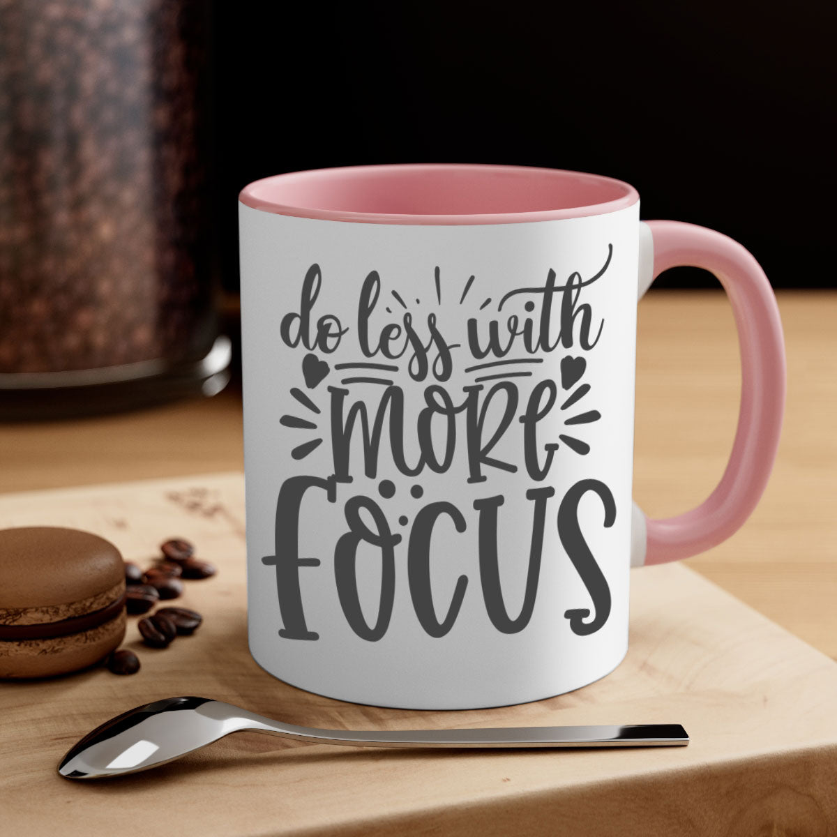 Do Less with More Focus Style 127# Mug featuring a two-tone design with a colored handle and glossy finish, available in multiple colors.