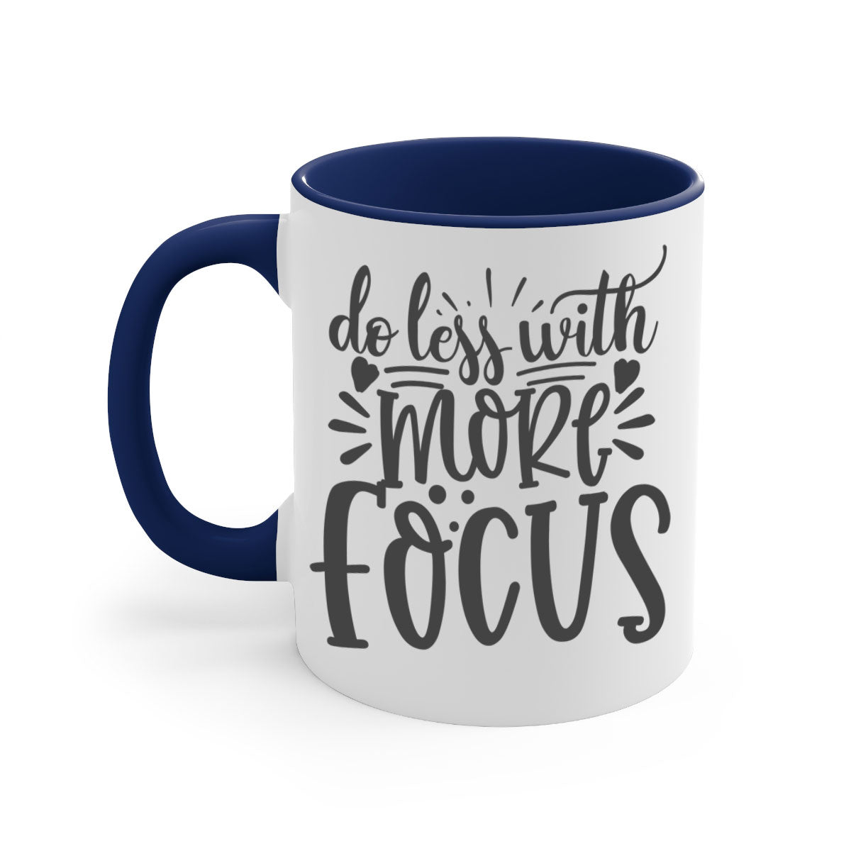 Do Less with More Focus Style 127# Mug featuring a two-tone design with a colored handle and glossy finish, available in multiple colors.
