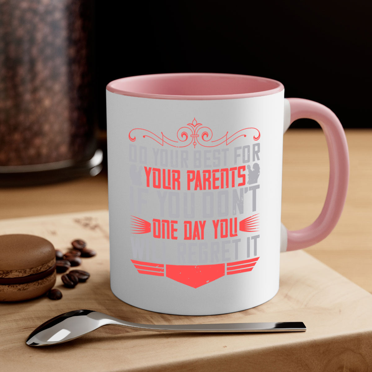 A two-tone ceramic mug with a colored handle and interior, featuring the phrase 'Do Your Best for Your Parents'. Available in multiple colors.