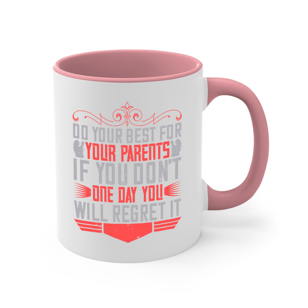 A two-tone ceramic mug with a colored handle and interior, featuring the phrase 'Do Your Best for Your Parents'. Available in multiple colors.