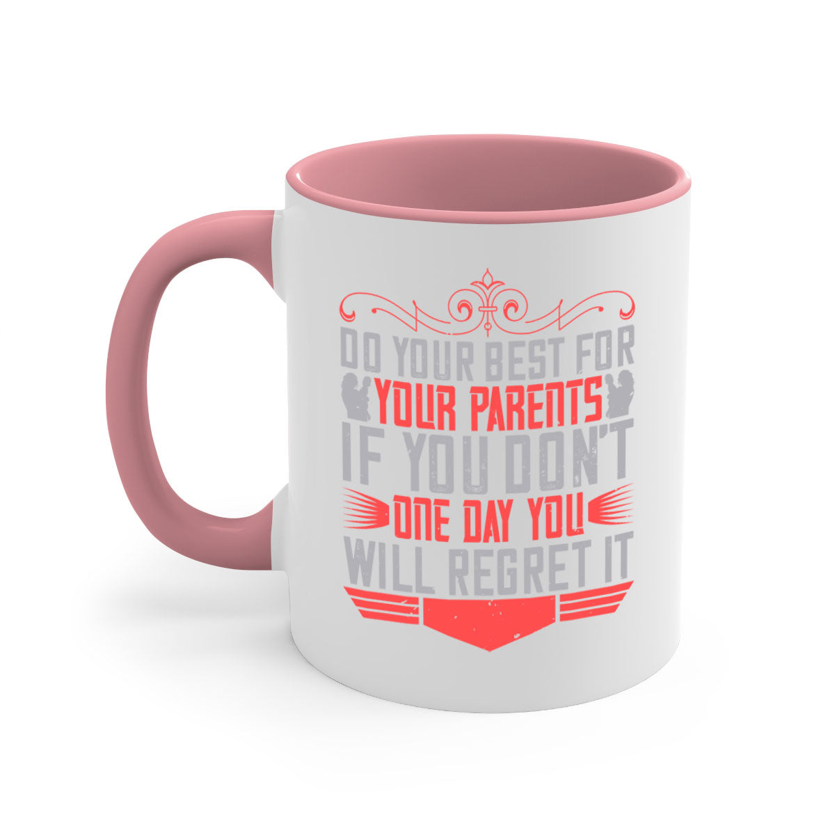 A two-tone ceramic mug with a colored handle and interior, featuring the phrase 'Do Your Best for Your Parents'. Available in multiple colors.