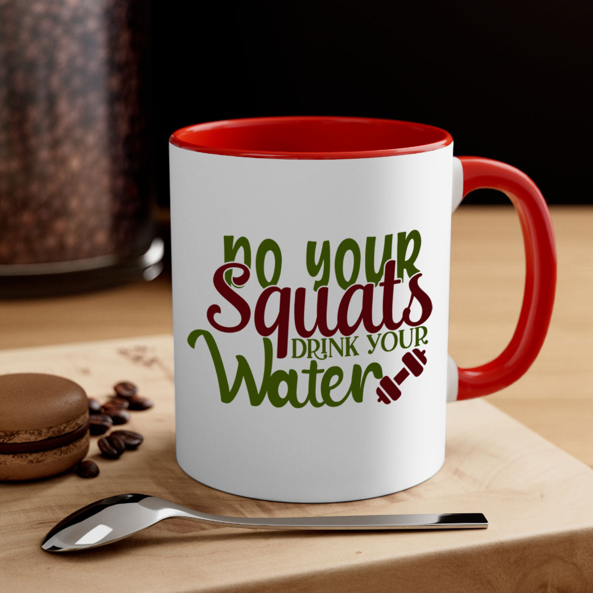 Do Your Squats Drink Your Water 49# Gym Mug in five vibrant colors with a glossy finish and C-shaped handle.