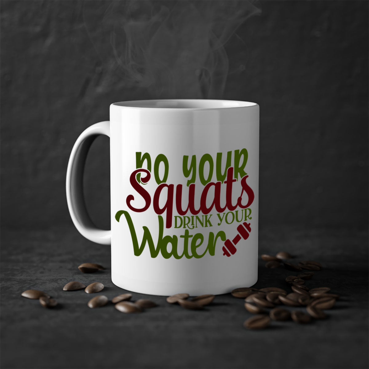 Do Your Squats Drink Your Water 49# Gym Mug in five vibrant colors with a glossy finish and C-shaped handle.