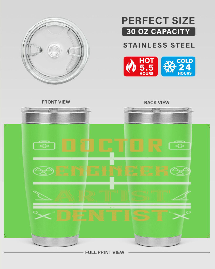 Doctor engineer artist dentist Style 43# tumbler in stainless steel with a drink-thru lid, showcasing its sleek design and vibrant print.