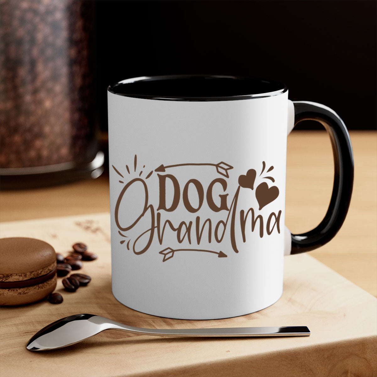 Dog Grandma Style 101# Mug featuring a glossy finish, colored handle, and interior, available in multiple colors and sizes.