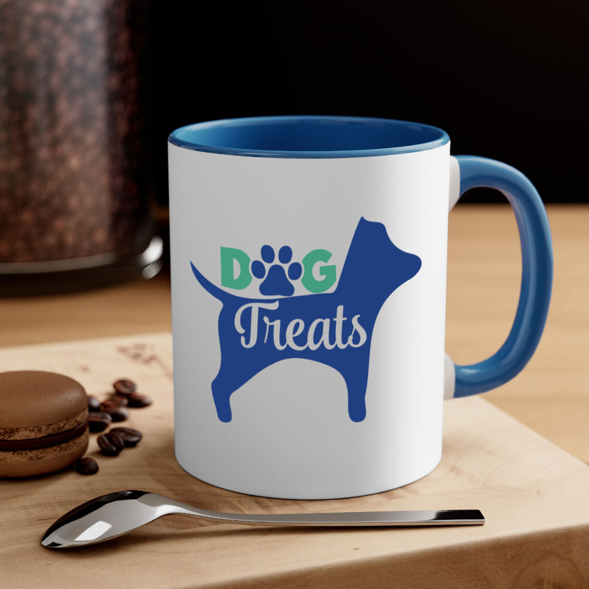 A stylish two-tone dog treats coffee mug with a glossy finish, featuring a colored handle and interior, available in multiple colors.