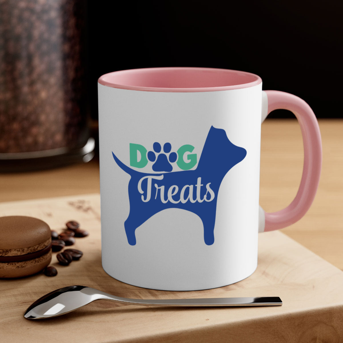 A stylish two-tone dog treats coffee mug with a glossy finish, featuring a colored handle and interior, available in multiple colors.