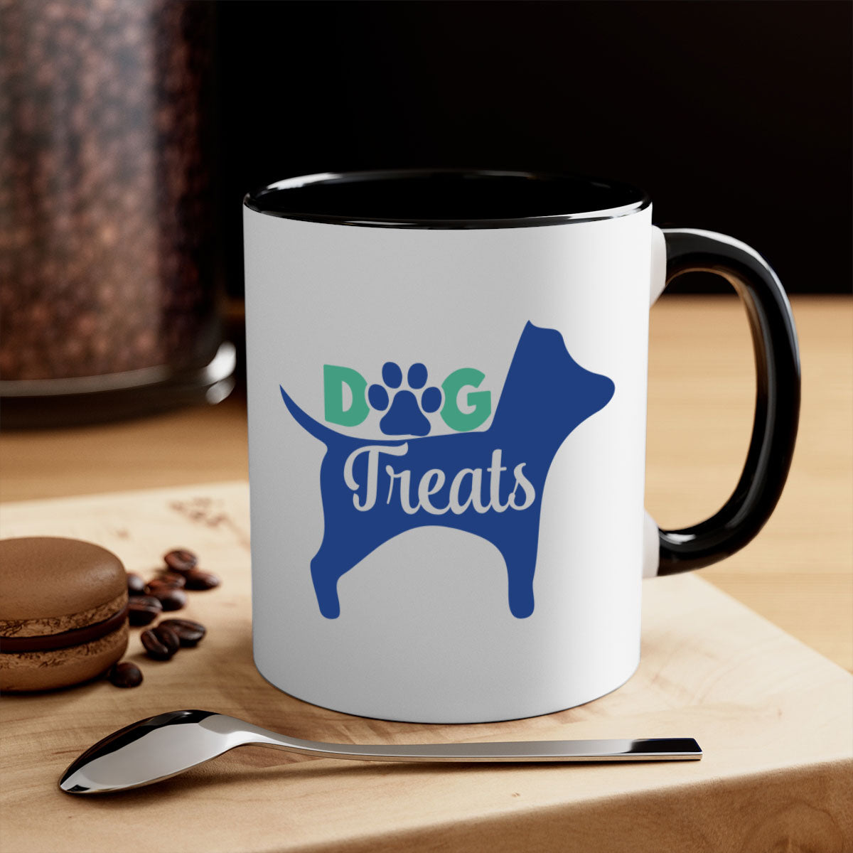 A stylish two-tone dog treats coffee mug with a glossy finish, featuring a colored handle and interior, available in multiple colors.