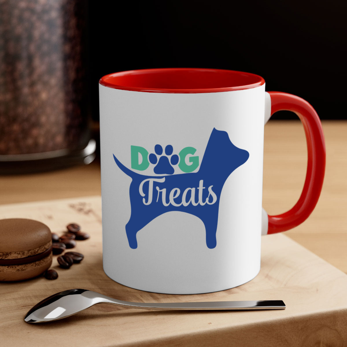 A stylish two-tone dog treats coffee mug with a glossy finish, featuring a colored handle and interior, available in multiple colors.