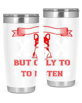 Dogs Do Speak Tumbler showcasing a stylish design with a press-in lid, made from double wall vacuum stainless steel, perfect for hot and cold beverages.