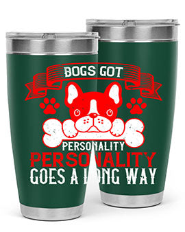 Dogs Got Personality 20oz and 30oz tumblers made of stainless steel with vibrant dog-themed designs, showcasing their functionality and style.