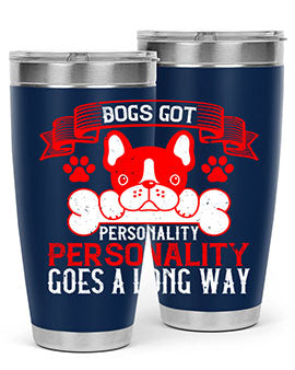 Dogs Got Personality 20oz and 30oz tumblers made of stainless steel with vibrant dog-themed designs, showcasing their functionality and style.