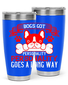 Dogs Got Personality 20oz and 30oz tumblers made of stainless steel with vibrant dog-themed designs, showcasing their functionality and style.