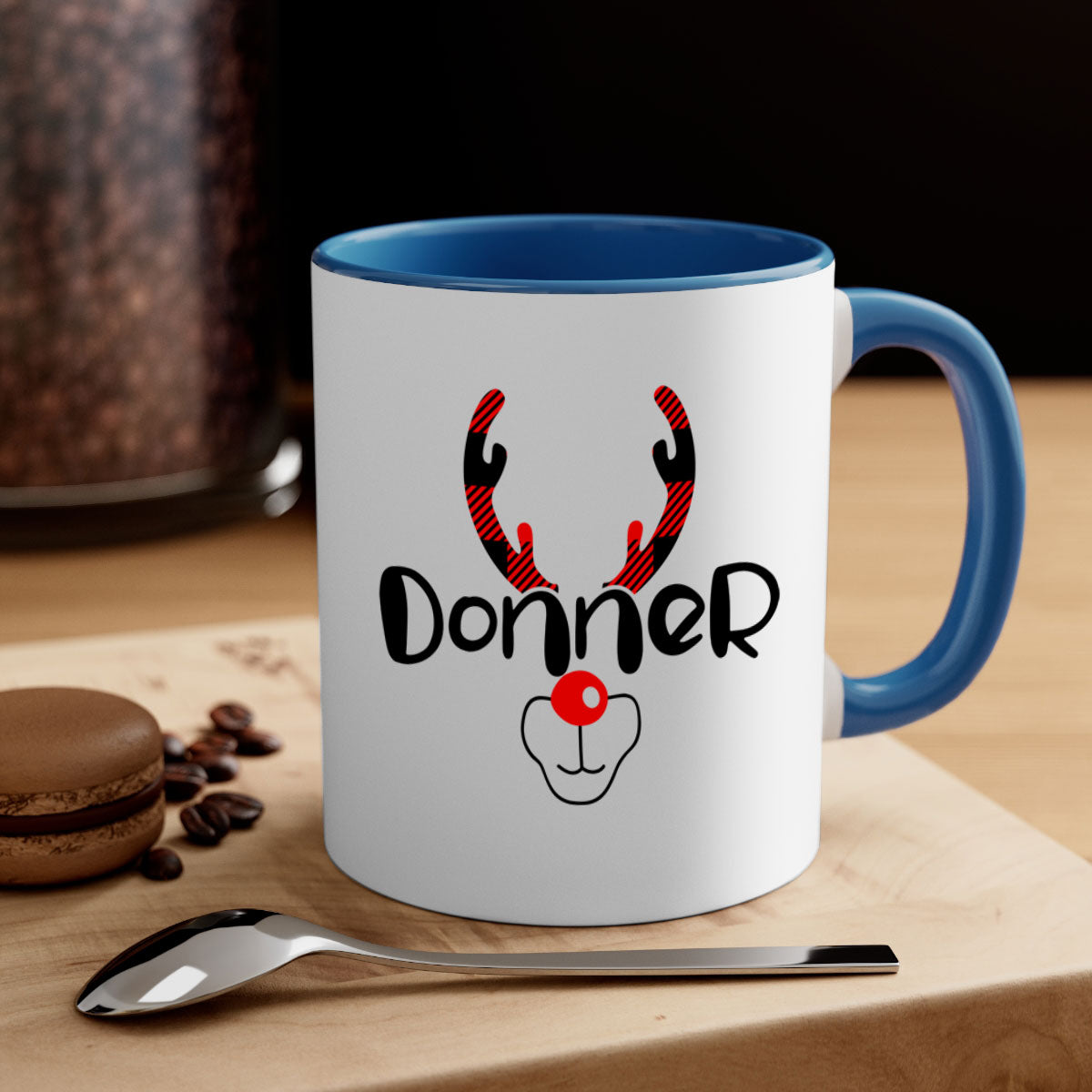 Donner Reindeer Style Christmas Mug with two-tone design and colored handle, perfect for festive beverages.