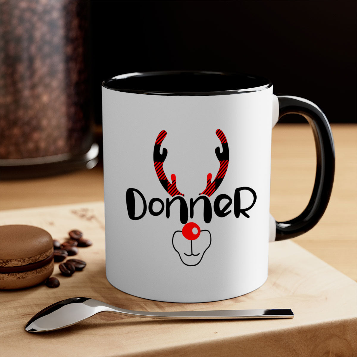 Donner Reindeer Style Christmas Mug with two-tone design and colored handle, perfect for festive beverages.