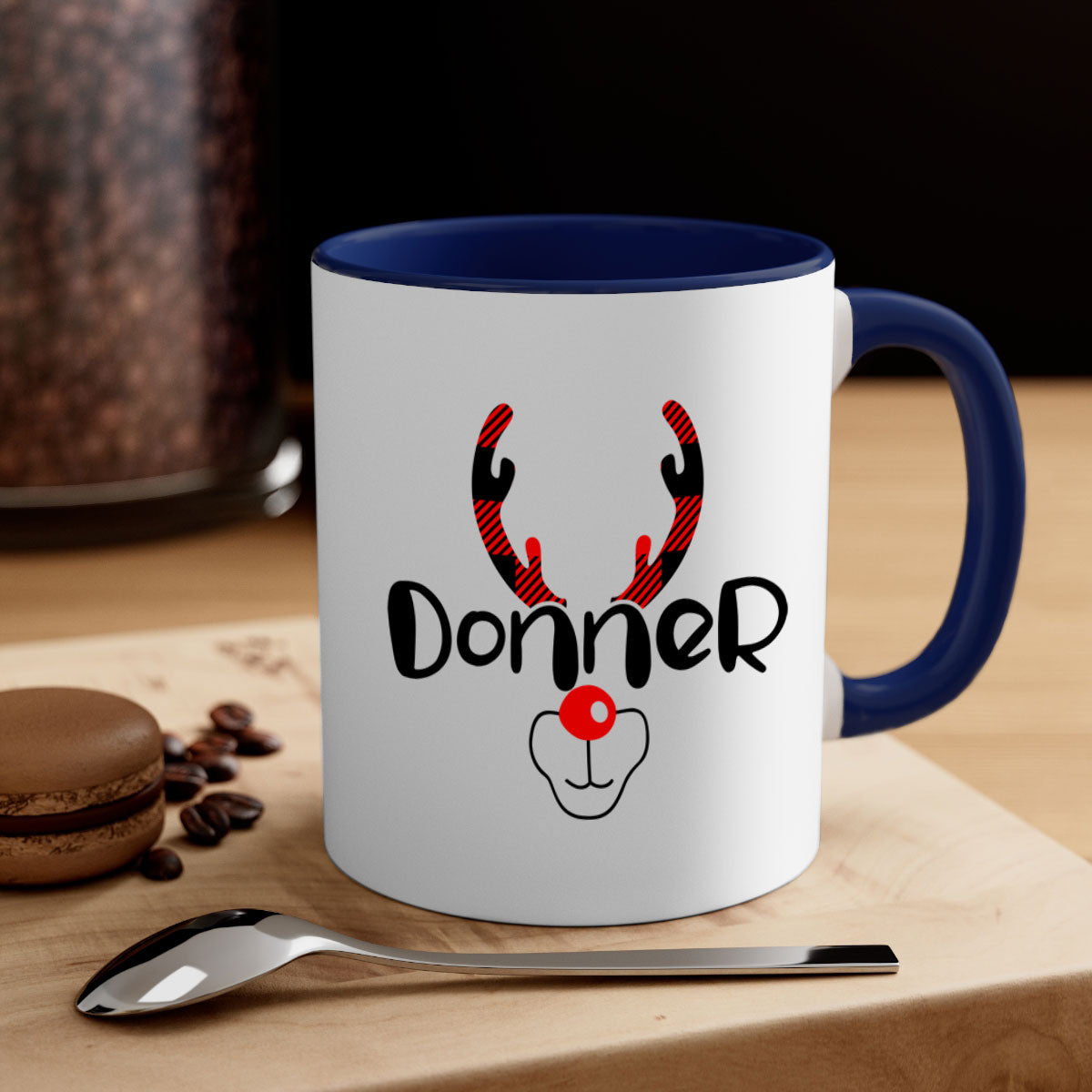 Donner Reindeer Style Christmas Mug with two-tone design and colored handle, perfect for festive beverages.