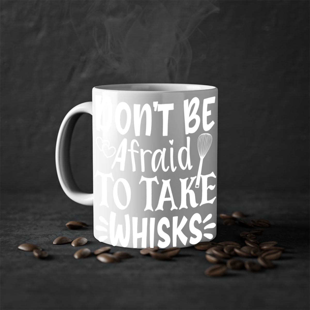 A stylish two-tone ceramic coffee mug with a colored handle and interior, featuring the phrase 'Don't Be Afraid to Take Whisks'.
