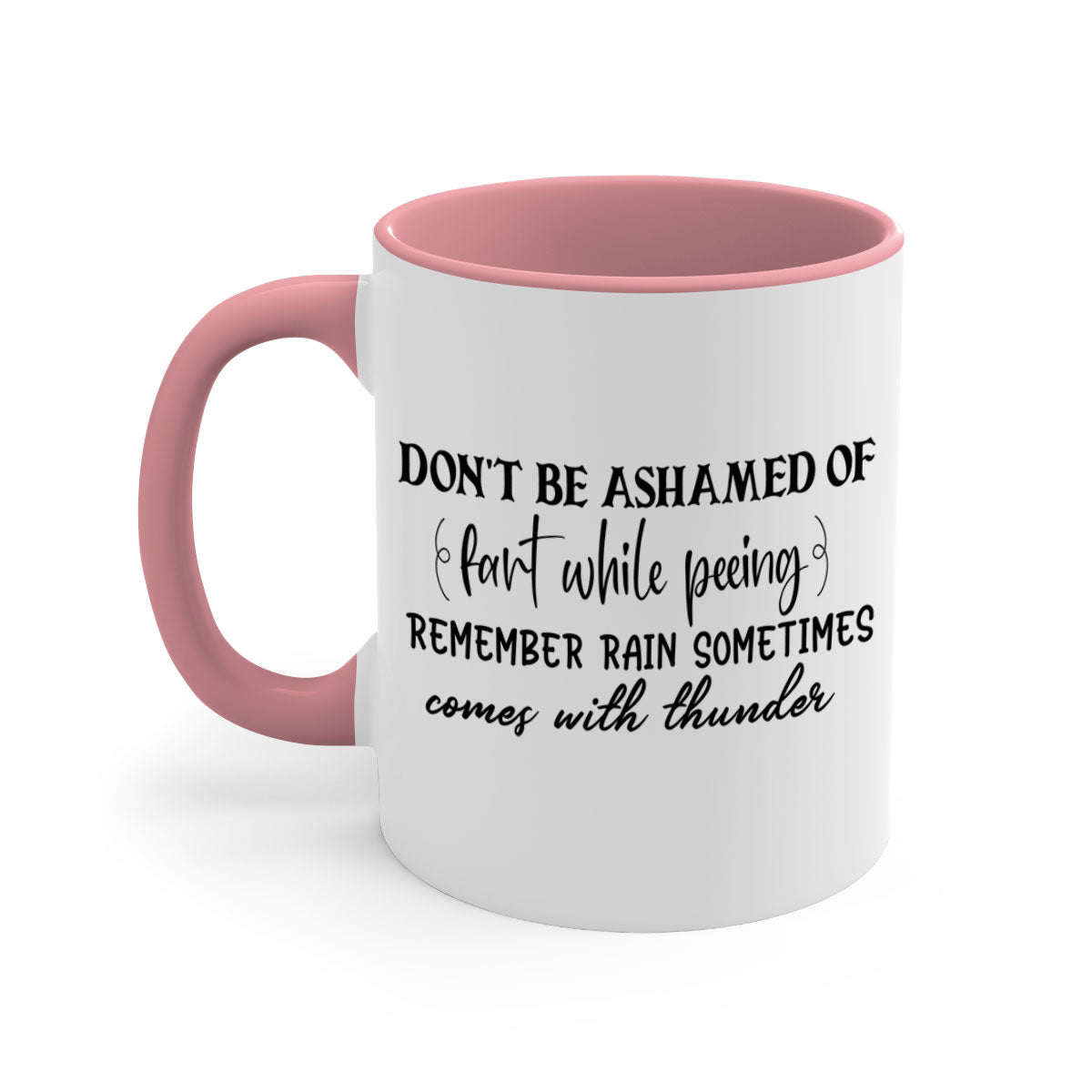 A humorous ceramic mug with a glossy finish, featuring a colorful handle and interior, perfect for coffee or tea.