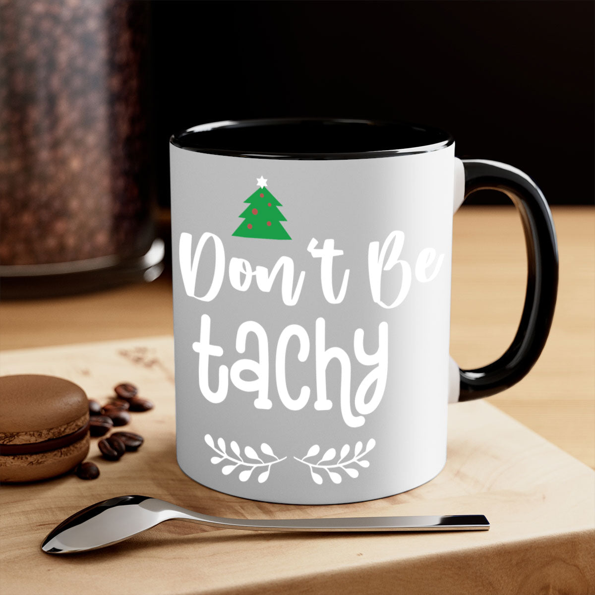 Don't Be Tachy Style 184# Christmas Mug featuring a two-tone design with a colored handle and glossy finish, available in multiple colors.