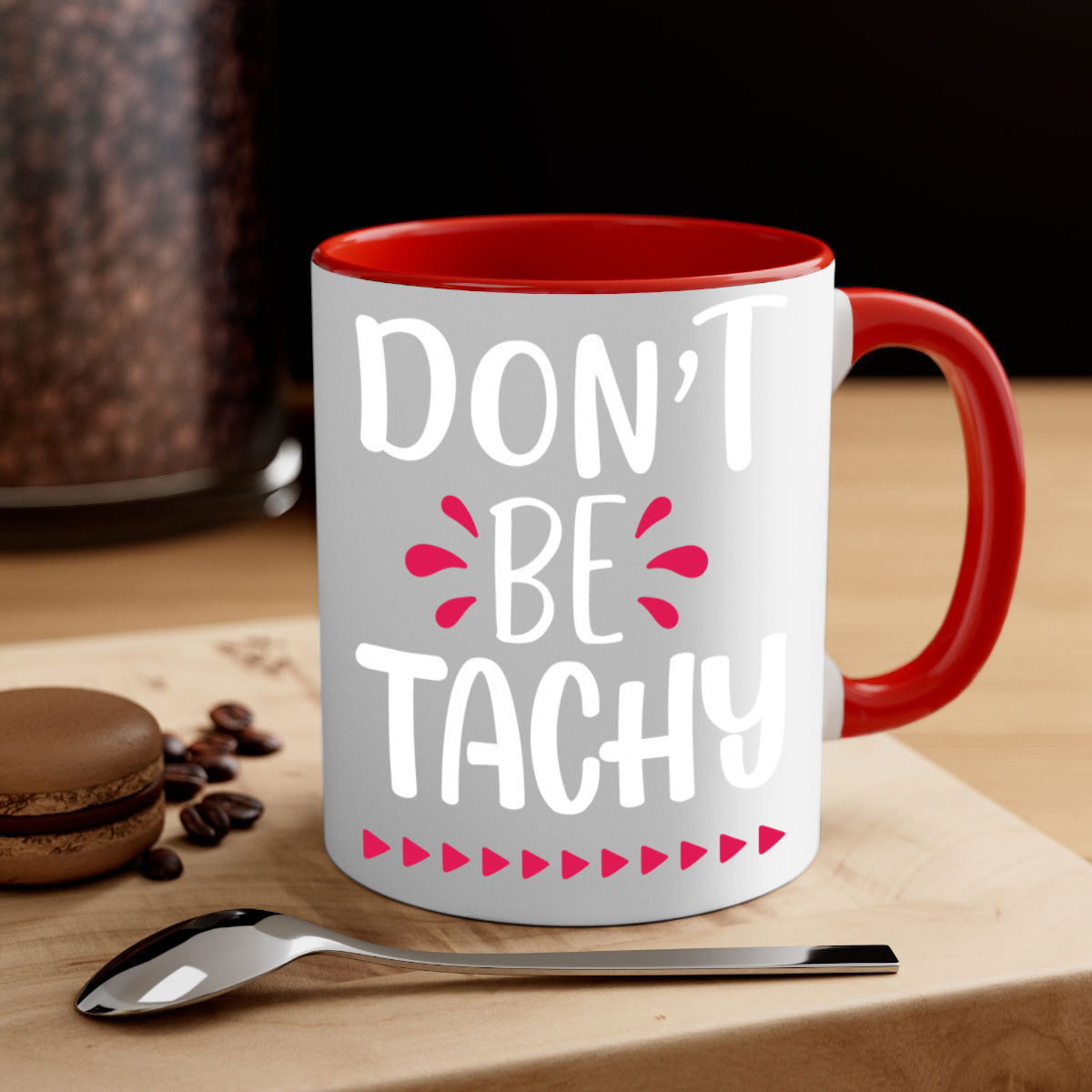 Don't Be Tachy Style 185# Christmas Mug with colorful handle and interior, showcasing a glossy finish.