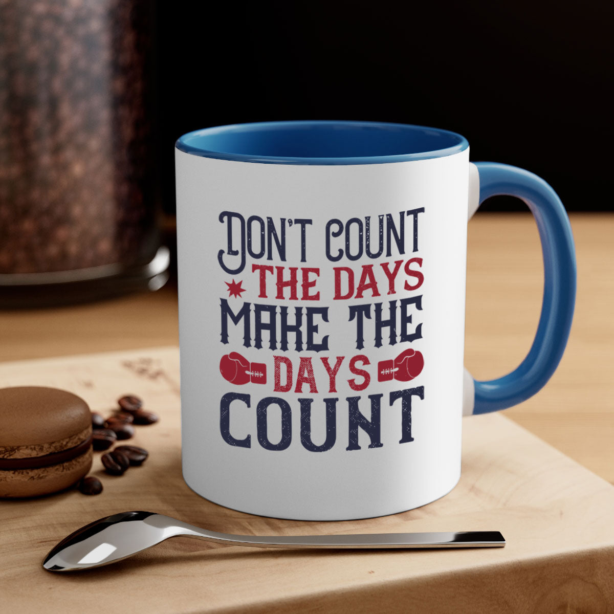A stylish two-tone ceramic coffee mug with a motivational quote, available in five colors and two sizes.