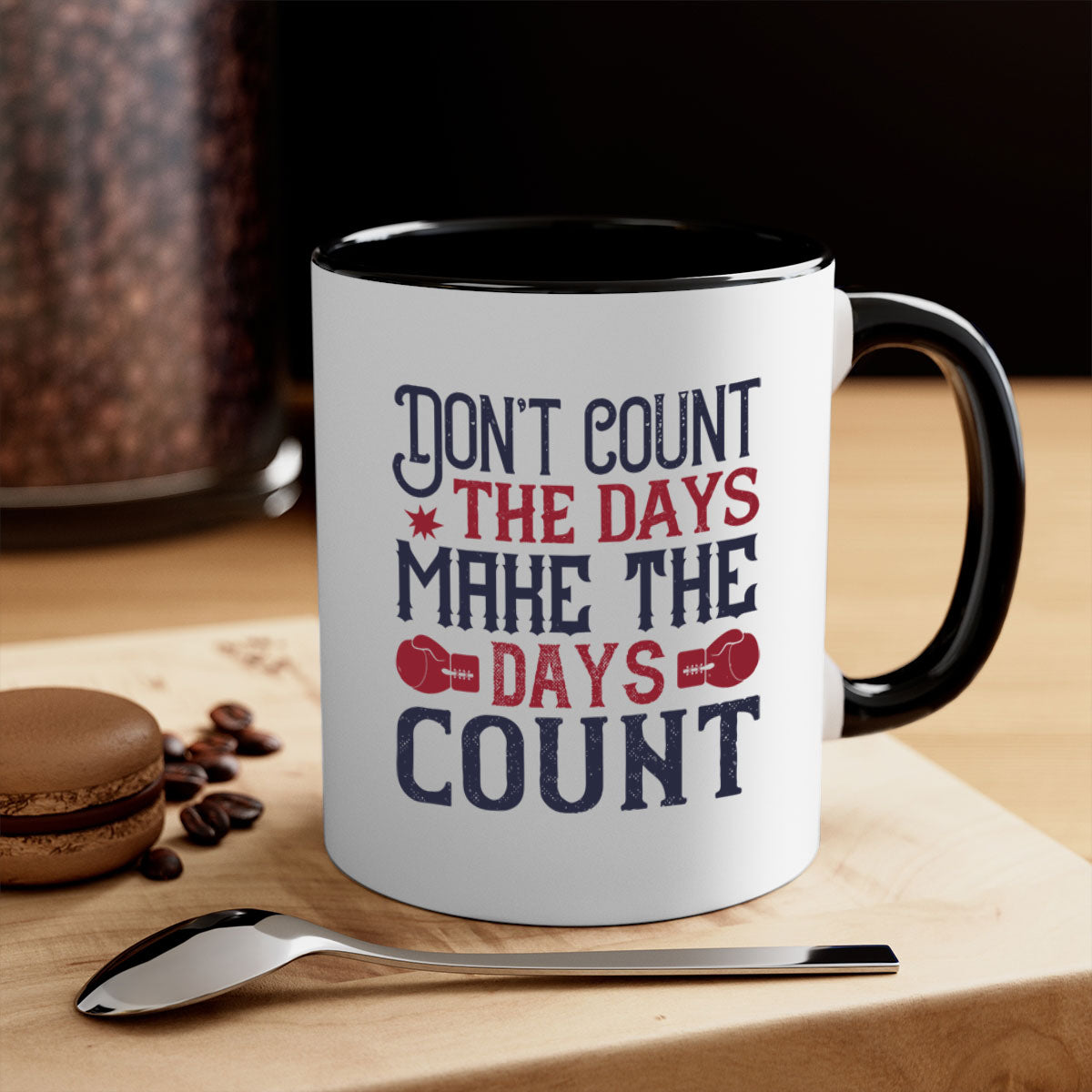 A stylish two-tone ceramic coffee mug with a motivational quote, available in five colors and two sizes.