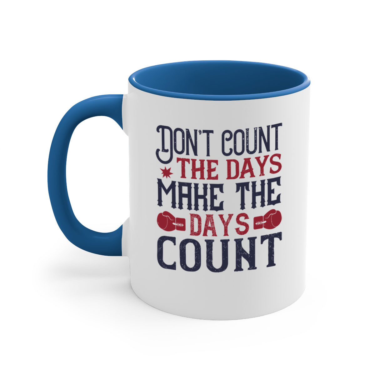 A stylish two-tone ceramic coffee mug with a motivational quote, available in five colors and two sizes.