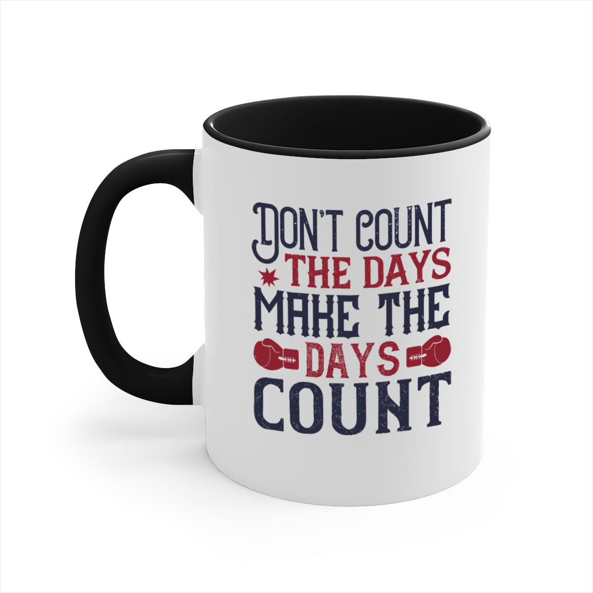 A stylish two-tone ceramic coffee mug with a motivational quote, available in five colors and two sizes.